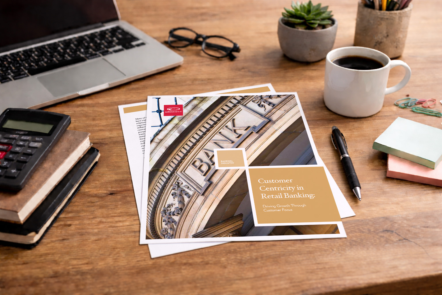 Customer centricity retail banking brochure design with architectural bank imagery