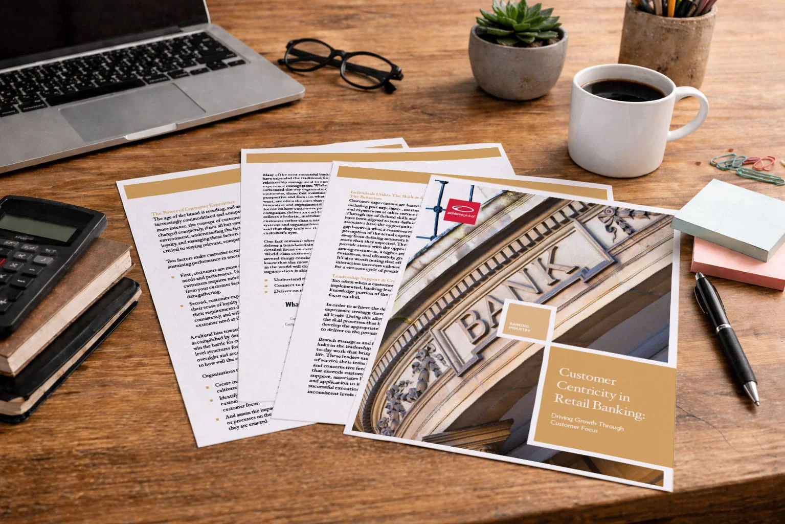 Customer centricity retail banking brochure design with architectural bank imagery