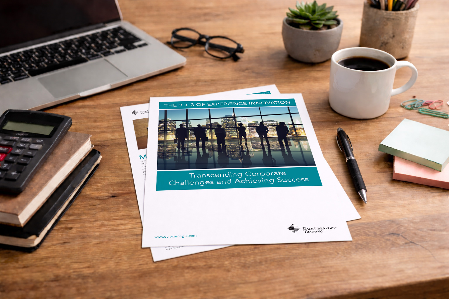 Corporate innovation brochure with business silhouettes and city skyline.