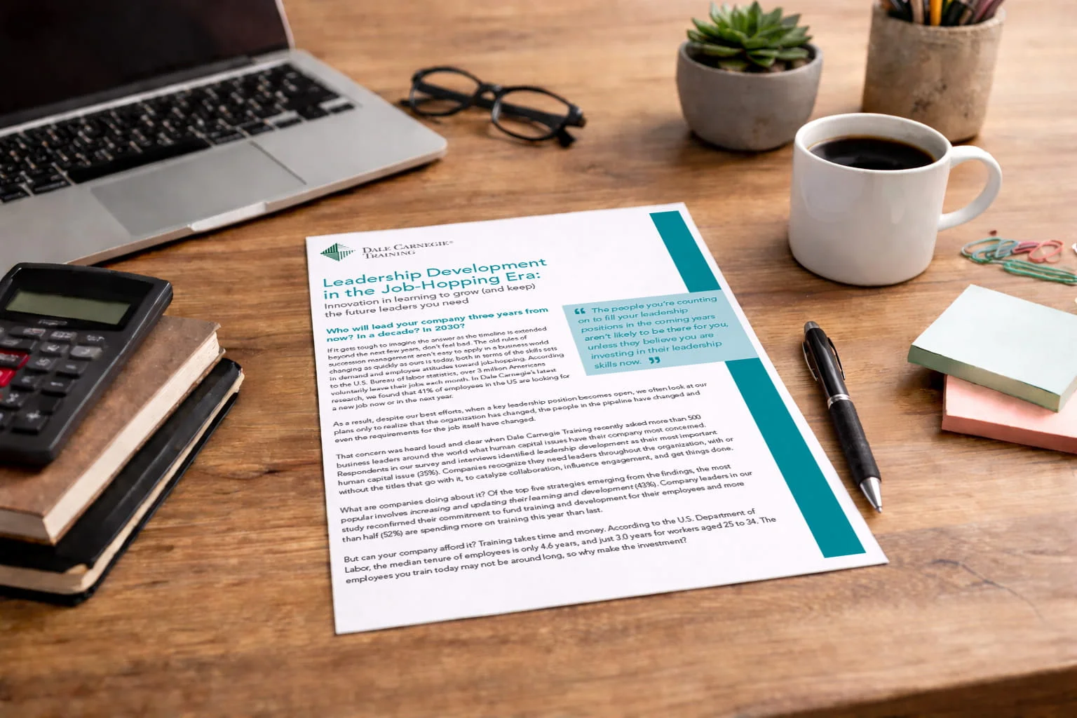 Leadership development one sheet with structured text and callouts.