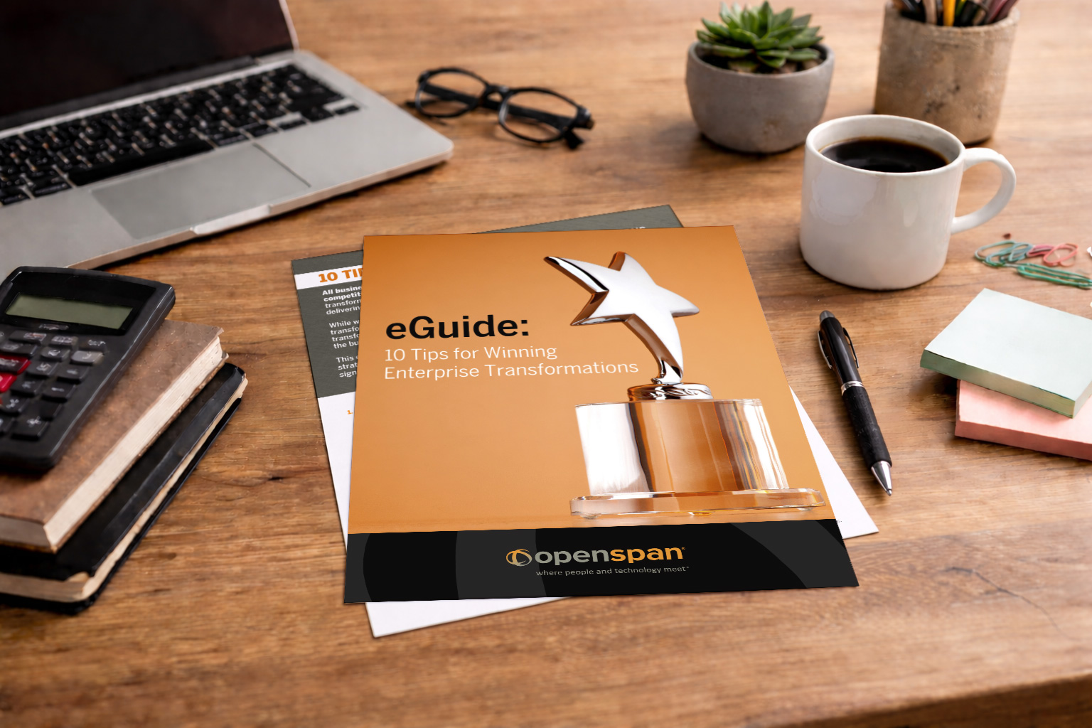 Enterprise transformation eGuide cover with award trophy and gold background.