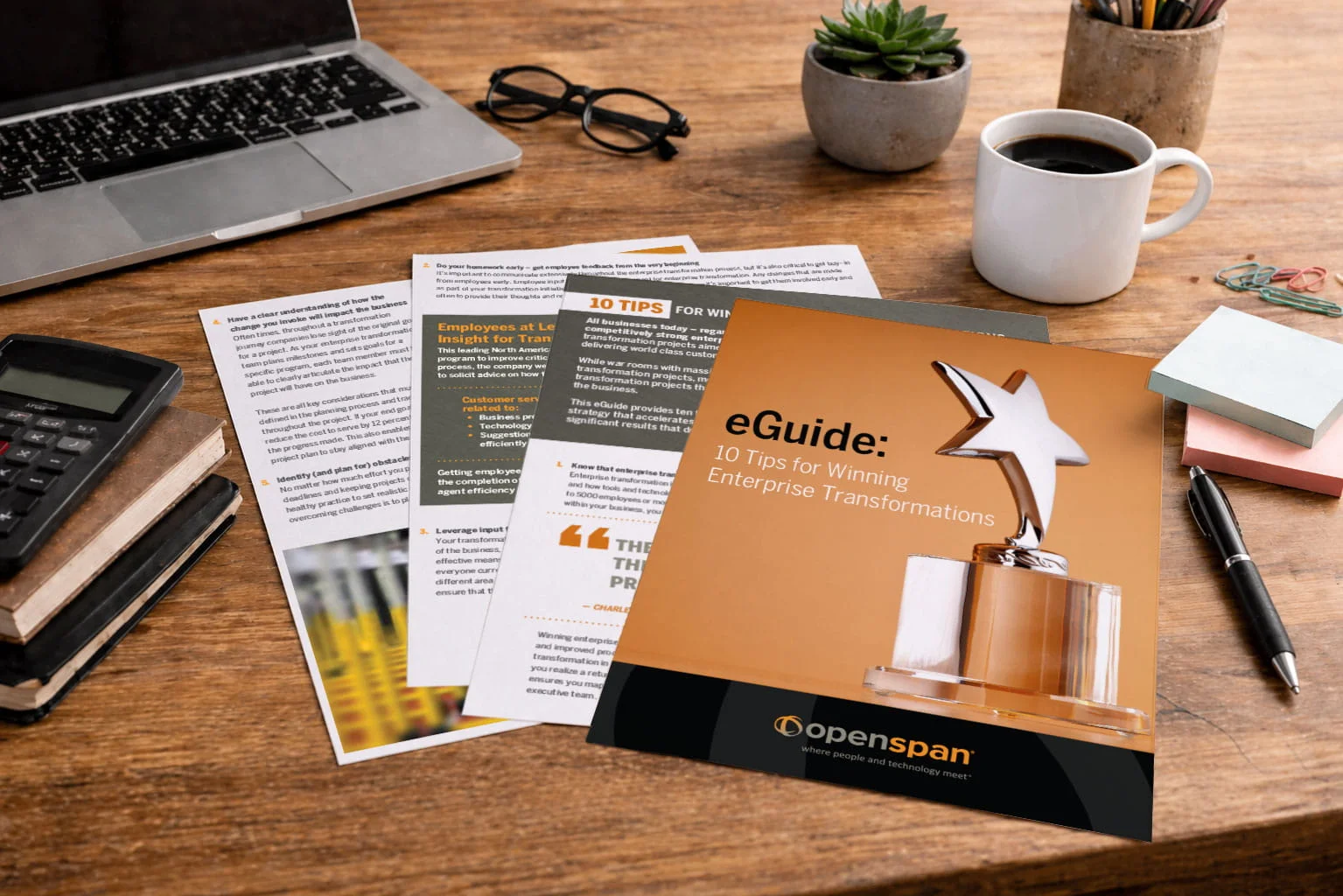 Enterprise transformation eGuide cover with award trophy and gold background.