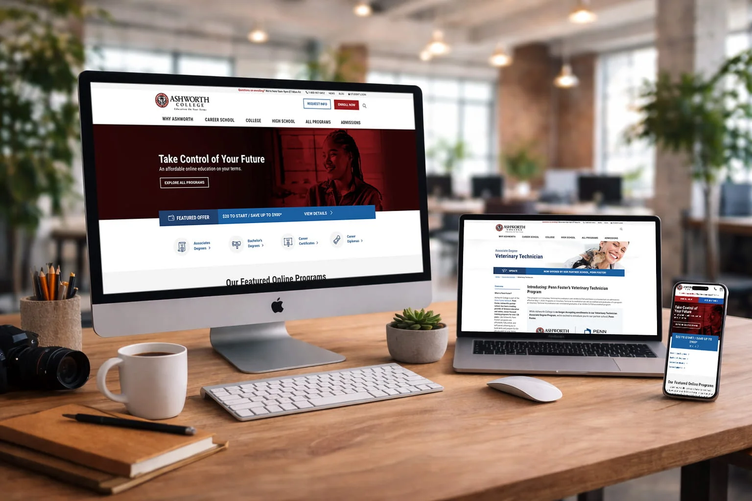 Ashworth College website displayed on desktop, laptop, and mobile screens showing responsive layout.