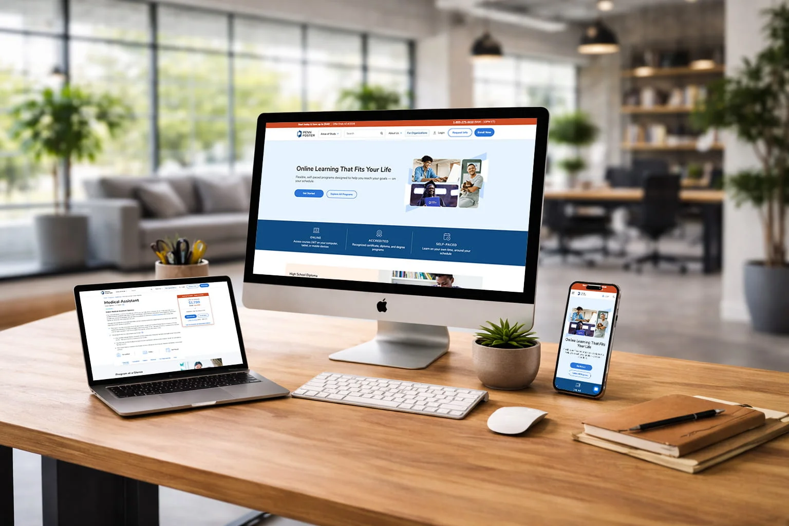 Penn Foster website displayed on desktop, laptop, and mobile screens showing responsive layout.